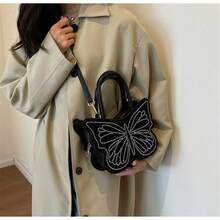 可愛卡通蝴蝶造型設計水鑽手提包皮夾豪華鏈條斜背包女式有趣單肩包情人節禮物 - 黑色 - 查看 6