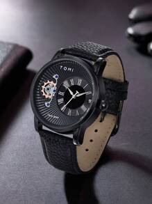 Tomi Reloj Para Hombre Que Funciona Con Pilas Secas Y Diseño De Engranaje Pequeño, Que Incluye Correa Reemplazable Y Caja De Regalo, Adecuado Para La Vida Diaria Y Las Vacaciones - Negro - Ver 3