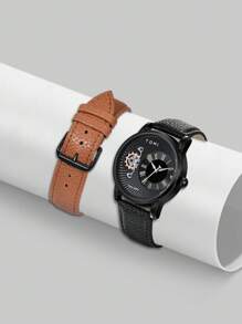 Tomi Reloj Para Hombre Que Funciona Con Pilas Secas Y Diseño De Engranaje Pequeño, Que Incluye Correa Reemplazable Y Caja De Regalo, Adecuado Para La Vida Diaria Y Las Vacaciones - Negro - Ver 6