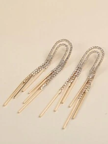 1對歐美風格鑽石鑲嵌流蘇u型耳環 - 金黃色 - 查看 6