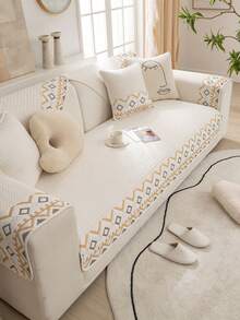 1pc Bohemian Style Stitched Sofa Cushion, All-Season Anti-Slip Pet-Proof Sofa Cover For Home Decoration - White - View 4