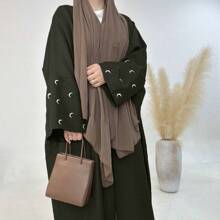 1入優雅謙遜的月亮刺繡袖口長款開衫外套帶披肩頭巾，適合日常或節慶穿著 - 軍綠色 - 查看 1