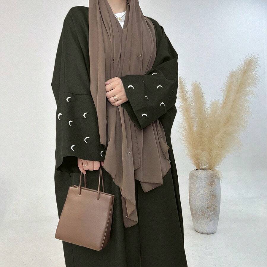 1入優雅謙遜的月亮刺繡袖口長款開衫外套帶披肩頭巾，適合日常或節慶穿著 - 軍綠色 - 查看 1