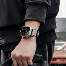 1入組升級版尼龍鉤面黑色手錶帶，適用於Apple Watch Ultra Band + 1入組金屬手錶帶，適用於Apple Watch S9/8/7/6/Se + 1入組矽膠保護膜，鈦色，適用於Apple Watch Ultra Band - 黑色 - 查看 2
