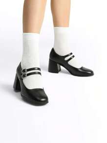 Women'S Square Toe Mary Janes Chunky Mid-Heel Dress Pump Shoes - 黑PU - 查看 2