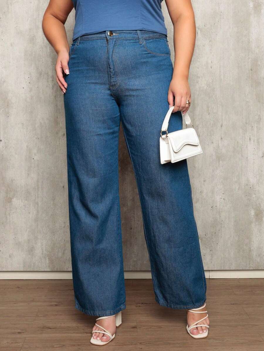 Plus Size Jeans - 深色水洗藍 - 查看 1