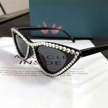 1 件手工制作黑色水钻镶嵌 Dj 三角形猫眼时尚眼镜，适合拍照 - 黑色 - 查看 3