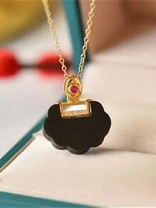 1 件 100 年幸運雲雲和鋰紫玉如意鎖吊墜項鍊,鍍銀,仿古金色飾面,適合女士日常佩戴 - 金黃色 - 查看 1