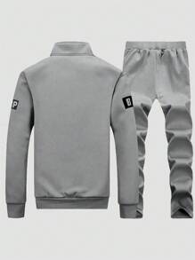 4 Seasons Stand Collar Jacket, Zipper Front Coat, Shoulder & Chest Printed Top, Men's Sports Suit Set