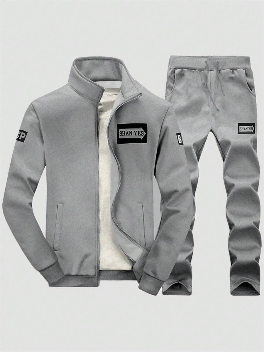 4 Seasons Stand Collar Jacket, Zipper Front Coat, Shoulder & Chest Printed Top, Men's Sports Suit Set