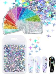 12 Packs/1 Set DIY Laser Four-Pointed Star Nail Art Sequins, DIY Jewelry Accessories, Crystal Glue Filled Sequins - Multicolor - View 8