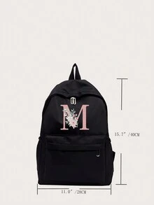 Letter M And Flower Pattern Backpack,Fashion Versatile Bag,Students Schoolbag, Students Commuter Bag For Daily Use, Outdoor Travel Bag, Lightweight Portable Backpack, Travel Essentials, Lightweight  Storage Bag, Suitable For Business Trips, Personal Travel, And Gifts For Family And Friends - Black - View 4