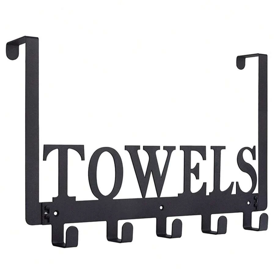 1pc Over The Door Rack With 5 Hooks For Bathroom Bedroom Kitchen, Door Mount Towel Holder, Rustproof And Waterproof Multifunctional Decorative Hanging Shelf - Black - View 1