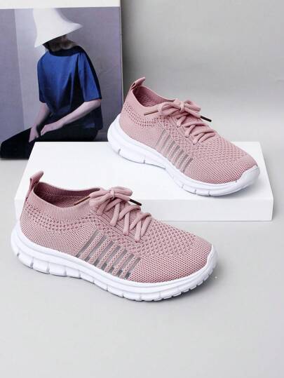 1 par flickor stickad snörning design platt andas Slip-on fritidssportskor, lämpliga för vår- och höstsäsongen