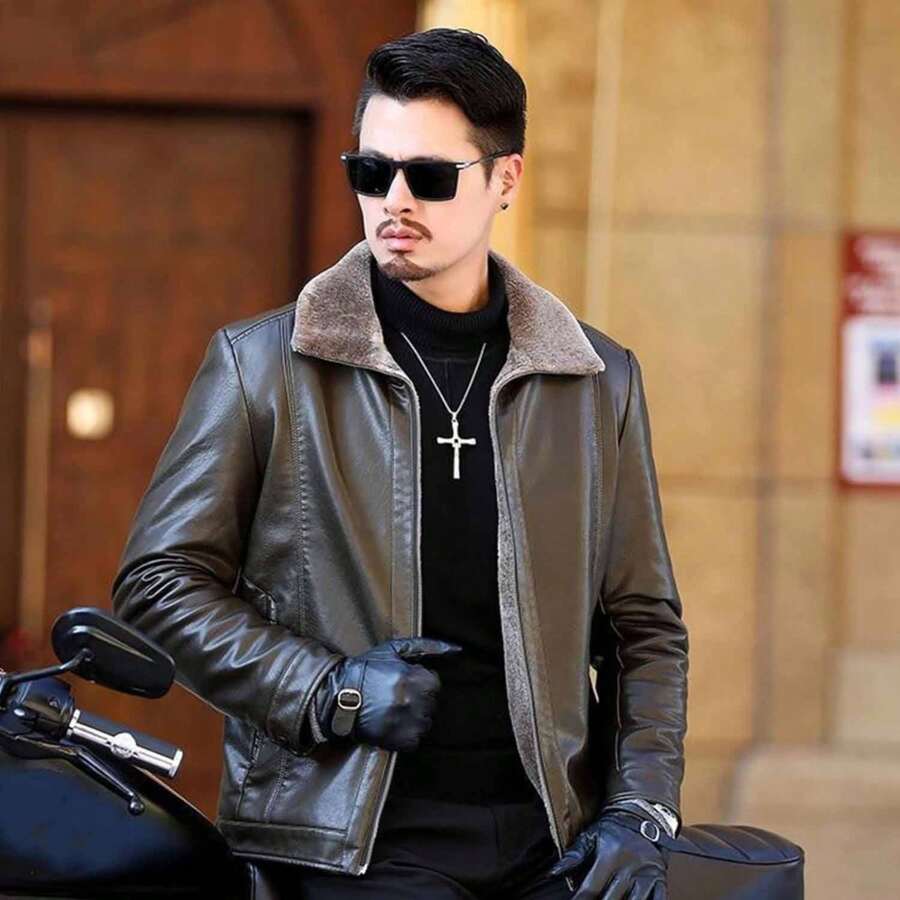 Chaqueta de piel para hombre con pelo (forro de felpa) - Chaqueta de estilo motero - Chaqueta - Chaqueta con cuello alto y cremallera completa - Chaqueta impermeable para hombre - Negro - Ver 1