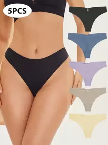 5pcs Ladies' Seamless Triangle Panties With Hollow Out Back And Circular Buckle - Multicolor - View 1