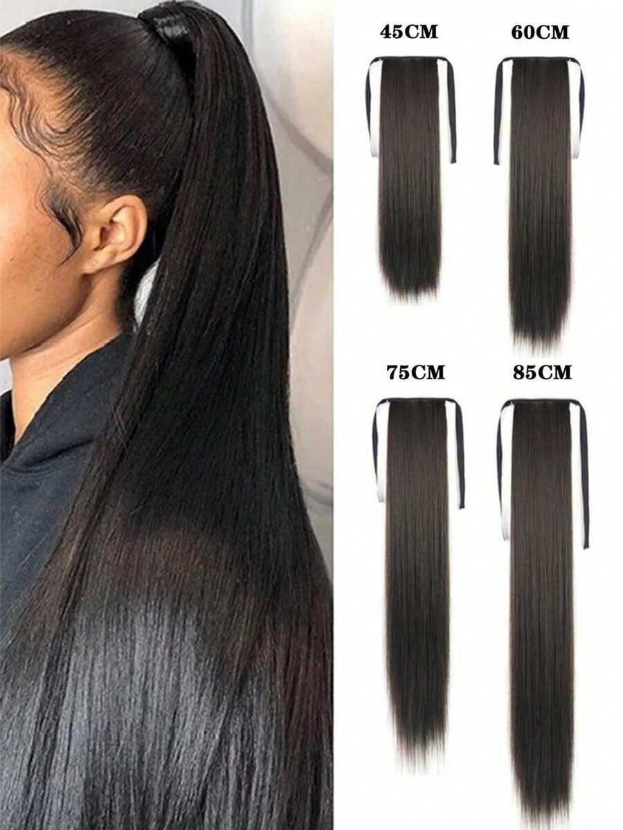 1pc Straight Drawstring Ponytail Synthetic Hairpiece With Black Hair Tie, 4 Lengths Available, Suitable For Daily Use Or Character Playing - Black - View 1