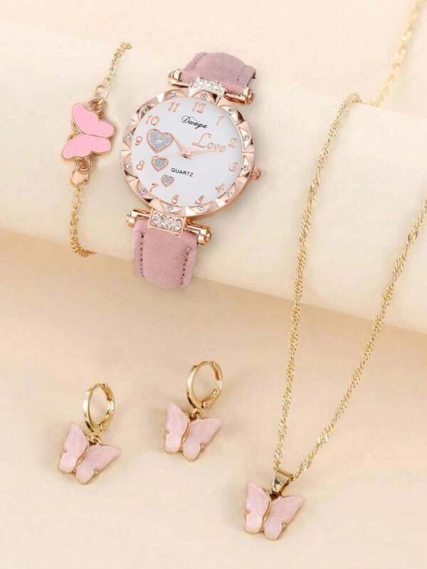 1pc Children's Casual & Sophisticated Quartz Watch Plus Butterfly Shaped Jewelry 4pcs/Set
