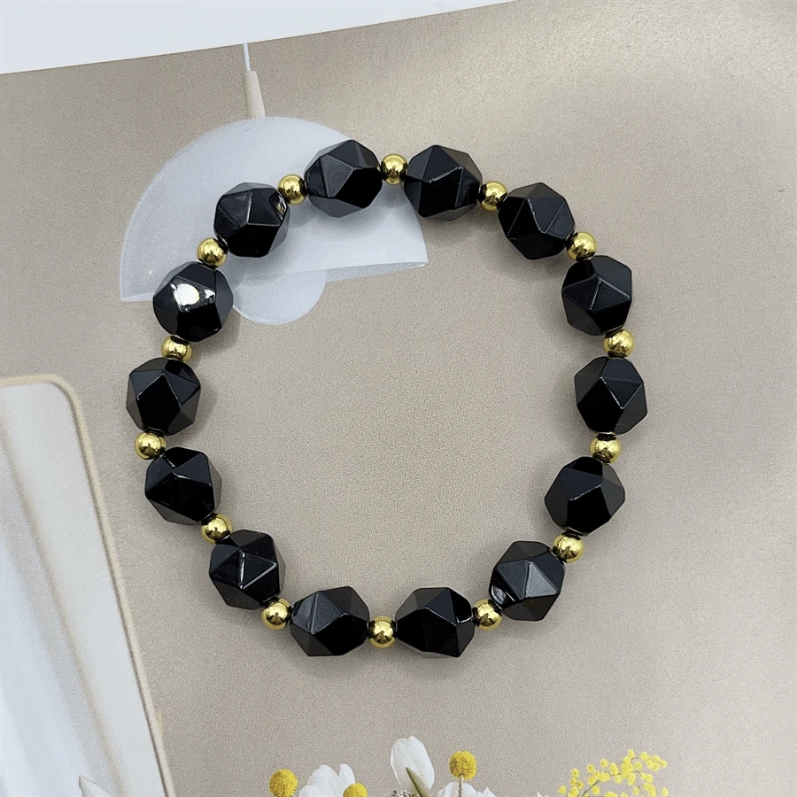 1只精美設計的珠子手鍊,天然黑曜石雕刻珠子,時尚珠子手帶 - 黑色 - 查看 1