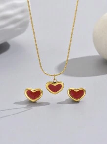 經典鈦鋼項鍊和耳釘套裝,白色人工珍珠心形吊墜,18k鍍金,是女性節日禮物的理想選擇 - 金色 - 查看 11