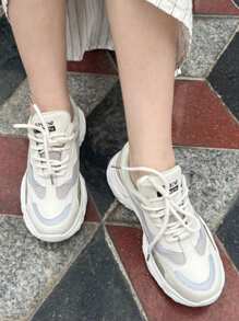 女士真皮厚底增高輕便休閒厚底鞋，新款式，綁帶式，網眼，拼色，柔軟大底運動鞋 - 綠色 - 查看 2