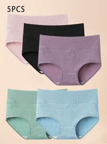 5入組女性性感實色三角褲與高腰,無縫和透氣內衣 - 彩色 - 查看 1