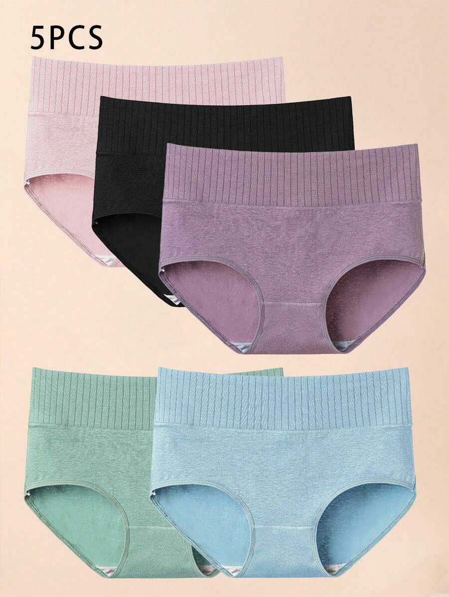 5入組女性性感實色三角褲與高腰,無縫和透氣內衣 - 彩色 - 查看 1