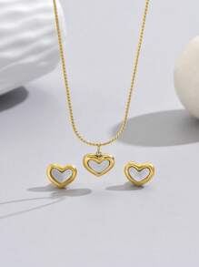 經典鈦鋼項鍊和耳釘套裝,白色人工珍珠心形吊墜,18k鍍金,是女性節日禮物的理想選擇 - 金色 - 查看 15