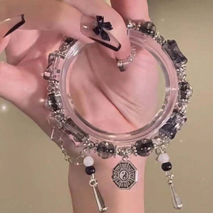 1pc Creative & High-End Geometric Color Blocking Ice Crack Patterned Tassel Pendant Adjustable Bracelet For Women, Birthday/Everyday Gift - Multicolor - View 1