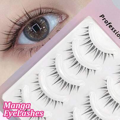 Asiteo 5对卡通风格假睫毛，自然柔软睫毛，透明塑料梗，恶魔和仙女款式