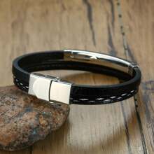 1pc Stainless Steel Silver Bent-Plate Pu Leather Braided Double-Layer Bracelet For Men Gifts