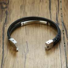 1pc Stainless Steel Silver Bent-Plate Pu Leather Braided Double-Layer Bracelet For Men Gifts