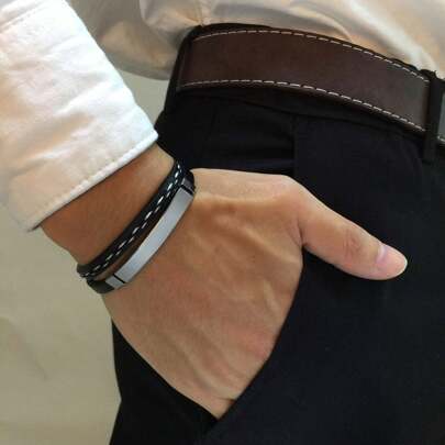 1 Pieza Pulsera De Doble Capa Trenzada De PU De Chapa Doblada De Acero Inoxidable Plateado Para Regalos De Hombres