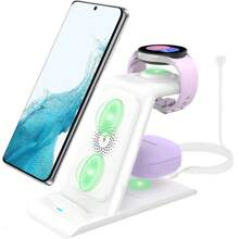 升级版三合一无线充电器。升级智能芯片版本，带磁性版本。无线充电器兼容三星，三合一充电站适用于磁性 Galaxy Watch 6/5/5 Pro/4 Active 2/1 Galaxy S23/Ultra/S23+/S22/Note 20/10/Z Flip 5/4 Fold 5/4 Galaxy Buds 2/2 Pro/Live 多设备..带快速充电线，支持无线快速充电。多功能保护，快速充电不损害设备。ABS 材质，坚固耐用。可同时为手机、无线耳机和智能手表充电。桌上不再有凌乱的充电线。适合情人节礼物/新年礼物。（白色） - 白色 - 查看 2