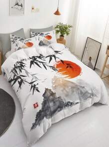 3pcs Ink Flower Painting Print Polyester Bedding Set, Soft Comfortable Comforter Cover, For Bedroom, Guest Room (1*Comforter Cover + 2*Pillowcase, Without Core)
