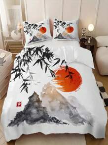 3pcs Ink Flower Painting Print Polyester Bedding Set, Soft Comfortable Comforter Cover, For Bedroom, Guest Room (1*Comforter Cover + 2*Pillowcase, Without Core)
