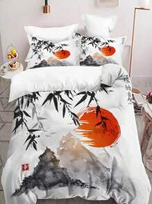 3pcs Ink Flower Painting Print Polyester Bedding Set, Soft Comfortable Comforter Cover, For Bedroom, Guest Room (1*Comforter Cover + 2*Pillowcase, Without Core)