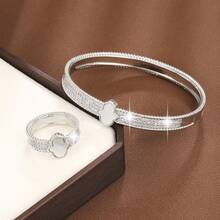 1pc Bracelet & 1pc Ring/ Set Fashionable Geometric Design Copper Setting Cubic Zirconia Women's Jewelry - Bracelet + Ring Set - View 12