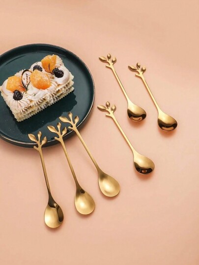 1/3/5/10/20 Peças Colheres com Desenho de Folha em Aço Inoxidável, Colheres Criativas Douradas para Misturar Café, Colheres Multifuncionais para Bolo, Sobremesa e Uso Diário, Suprimentos Escolares