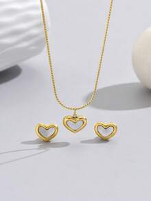 經典鈦鋼項鍊和耳釘套裝,白色人工珍珠心形吊墜,18k鍍金,是女性節日禮物的理想選擇 - 金色 - 查看 12