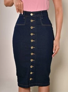 Women Denim Skirts - 中等水洗藍 - 查看 2