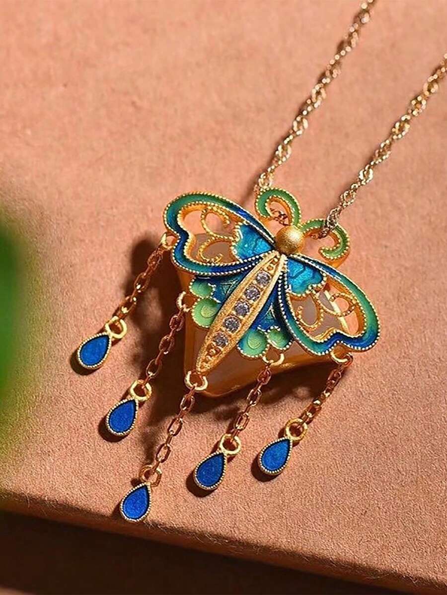 1只手工掛件,傳統和田玉及琺瑯嵌飾,裝飾有蝴蝶流蘇,適合女性日常穿著風格 - 金黃色 - 查看 1