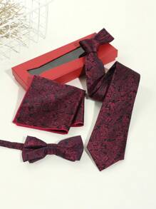 1 bộ/4 cái Nam Sành điệu Đỏ  Cà vạt , Nơ thắt , Hình vuông bỏ túi Và Khuy măng sét Bộ Với Ngực Hộp , Hoàn hảo Đối với Làm Việc  , Dịp & Qủa tặng - Đỏ - Xem 1