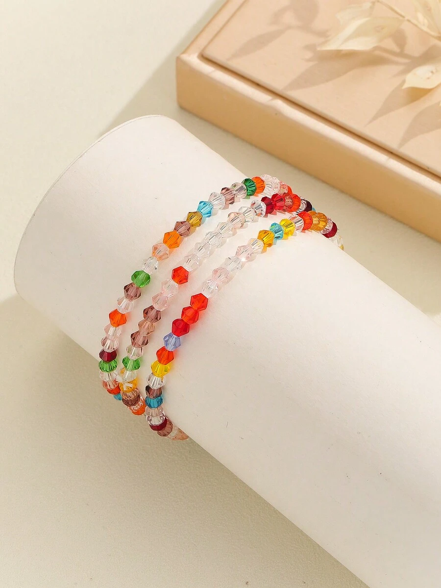 New Arrival 3pcs Random Colorful 4mm Cone Shaped Beaded Glass Crystal Bracelet As Birthday, Festival, Party Gift - Multicolor - View 1