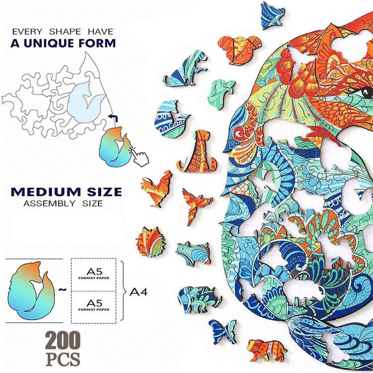 Interesting Animal Themed Wooden Jigsaw Puzzle, Unique Shaped Wooden Blocks Toy, 100-300 Pieces Wooden Games, Educational Wooden Blocks Toy - Beige - View 3