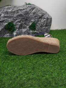 Suomihu 2024 New Arrival Women Espadrilles With Platform And Wedge Heel For Vacation, Solid Blue/Navy Blue Stripe & Woven Raffia Bottom Fisherman Sandals - Royal Blue - View 9