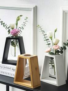 1個木質水耕花瓶，復古風格花瓶，透明玻璃花瓶底座，木製框架，桌上家居裝飾 - 黑色 - 查看 5