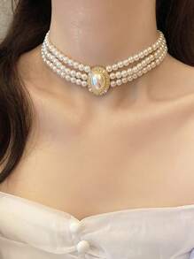 1入組銅合金多層珍珠和鑽石鑲嵌頸圈項鍊,適用於女士 - 金色 - 查看 1