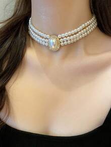 1入組銅合金多層珍珠和鑽石鑲嵌頸圈項鍊,適用於女士 - 金色 - 查看 2