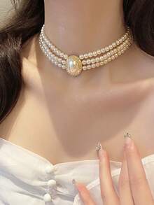 1入組銅合金多層珍珠和鑽石鑲嵌頸圈項鍊,適用於女士 - 金色 - 查看 4